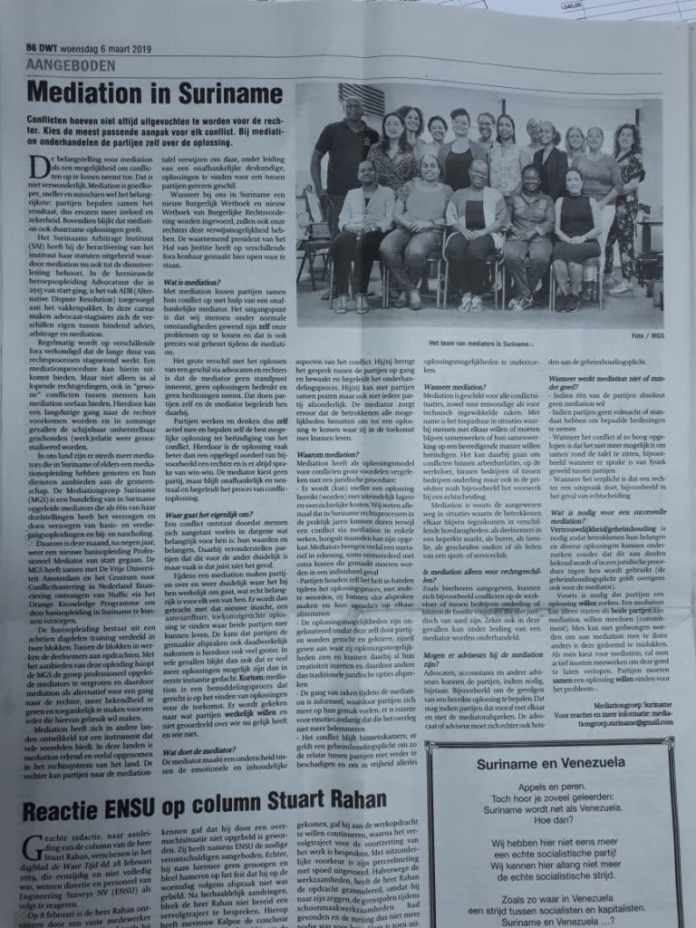 De Ware Tijd artikel over Mediation in Suriname HAvZ